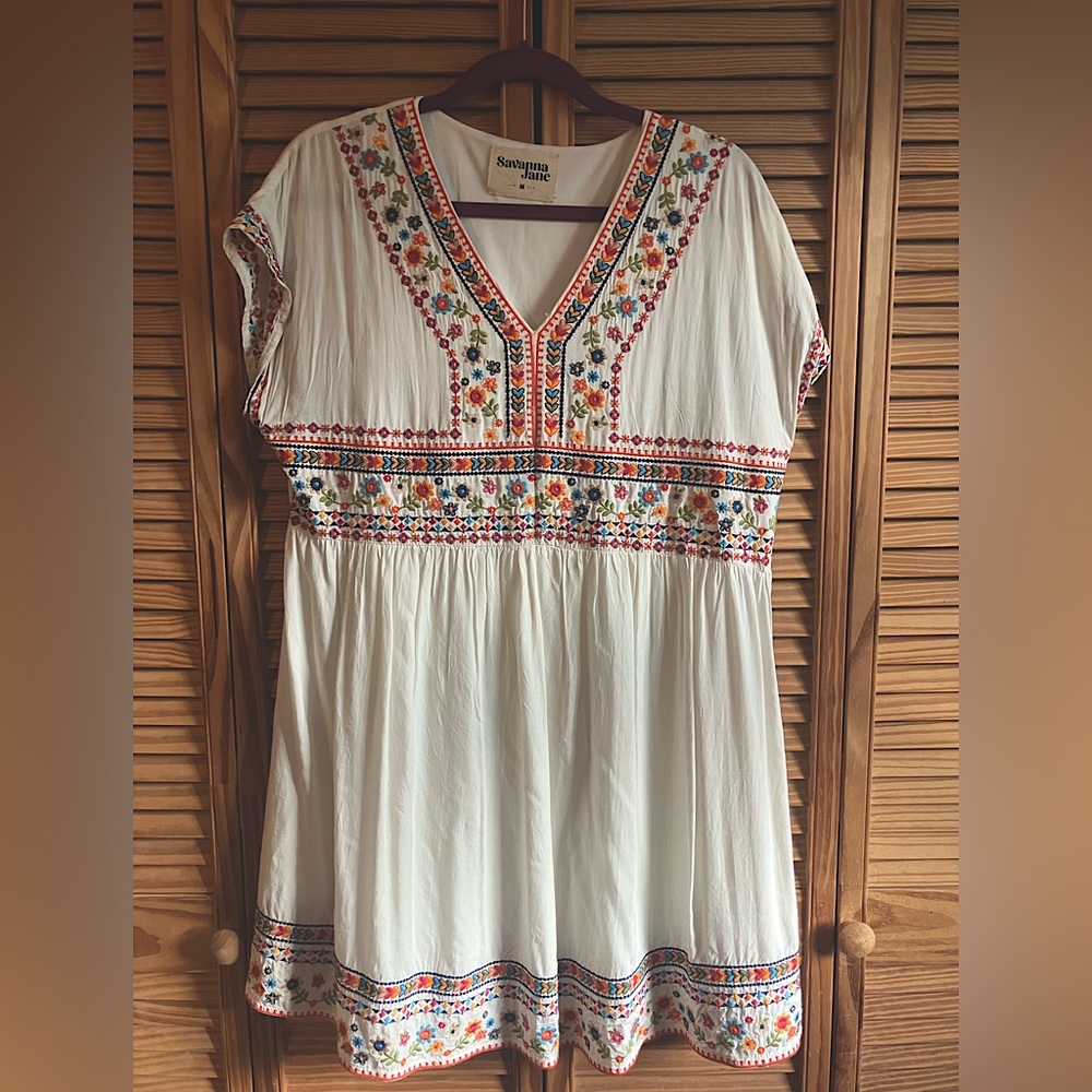 Savanna Jane Boho White Hippie Dress with Colorful Embroidery